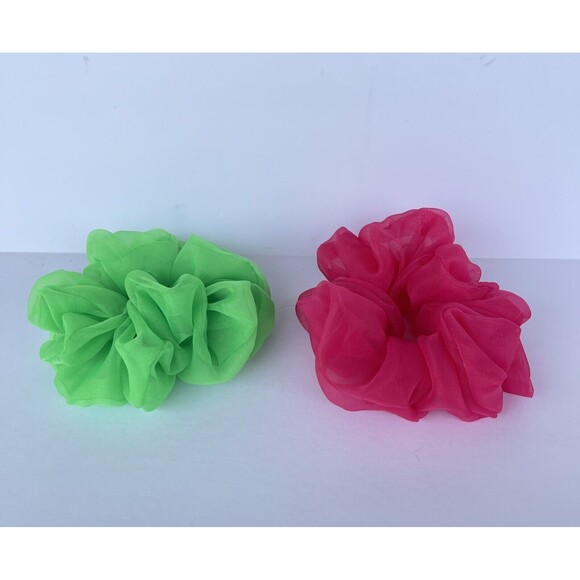 New Chiffon Scrunchie Hair Tie 2 XLarge Set Pink And Green - Picture 8 of 8